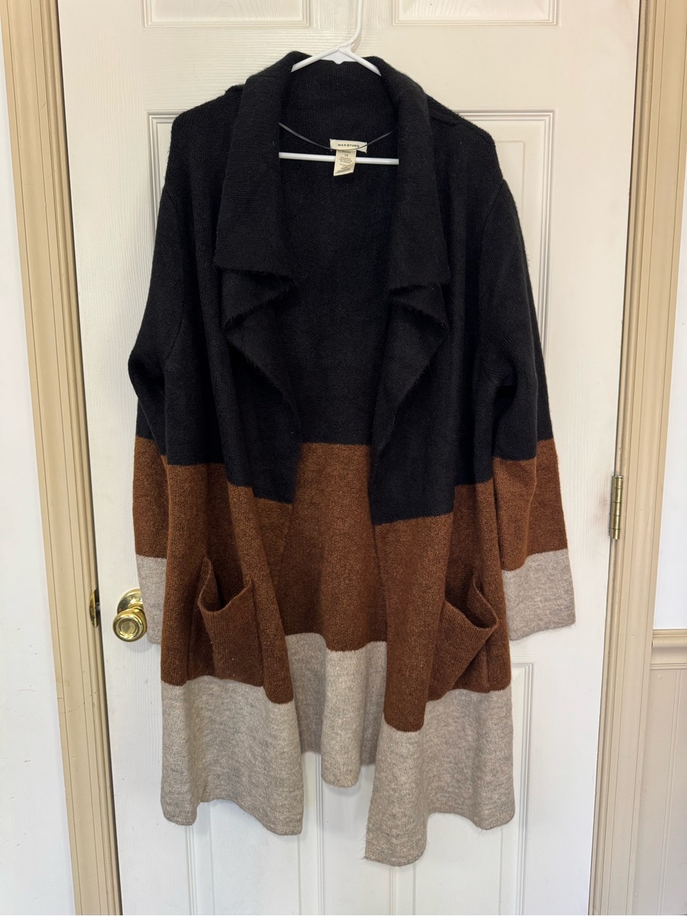 Max Studio 1X Colorblock Duster Open Front Cardigan Sweater Long Sleeve Pockets